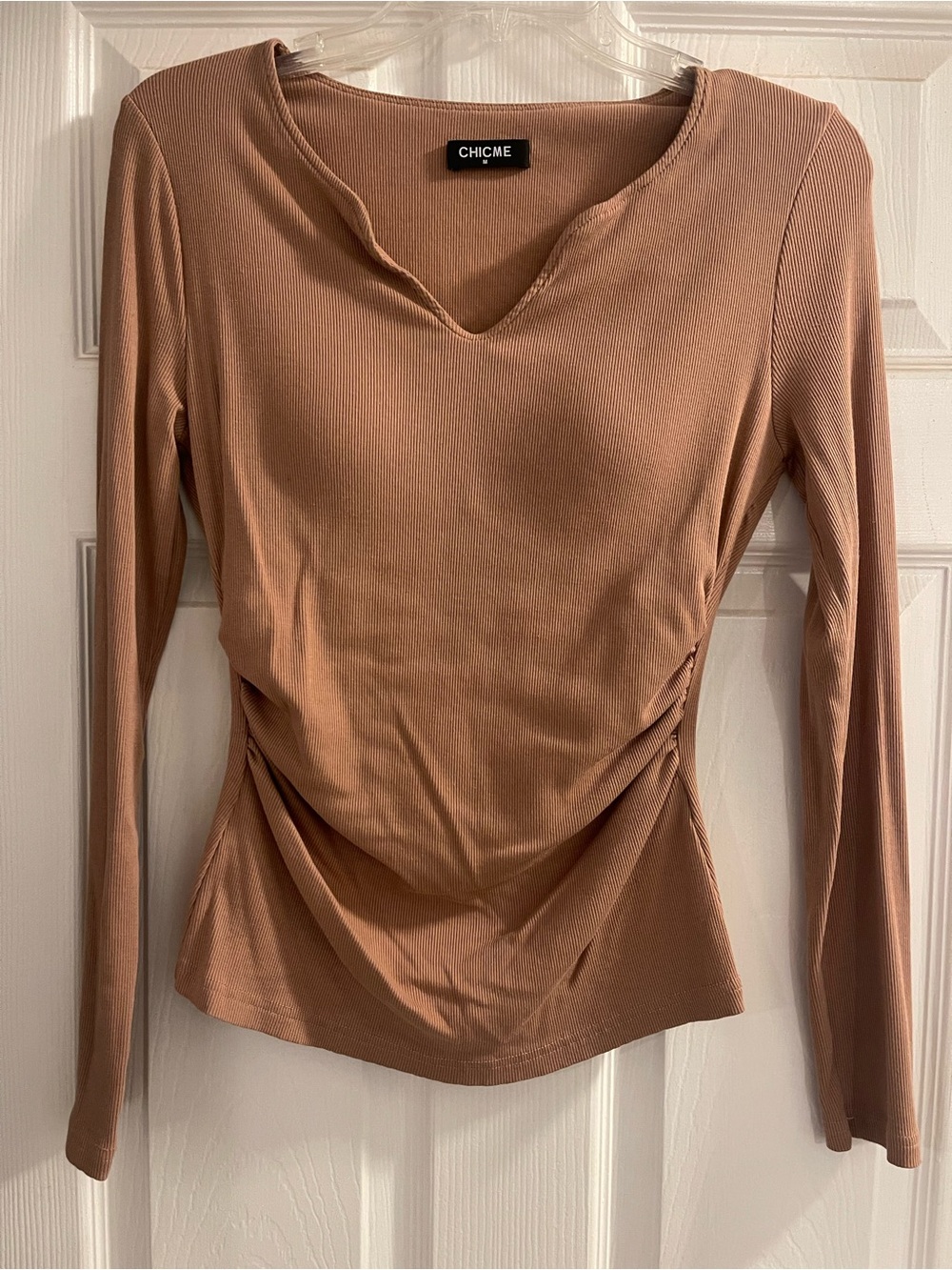 Never Worn Tan Women's Long Sleeve Ruched Tan Top with built in bra.